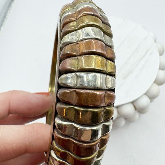 Vtg Bohemian Mixed Metal Large Chunky Indian Bangle Bracelet Silver Brass Copper - Picture 5 of 14
